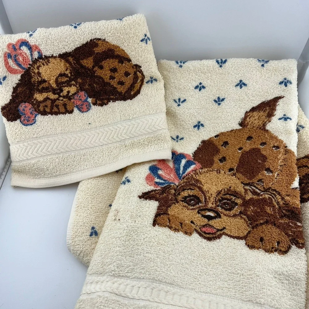 Vintage R.A. Briggs Dog Hand Towels Set Cottagecore‎ Puppy Bathroom Decor